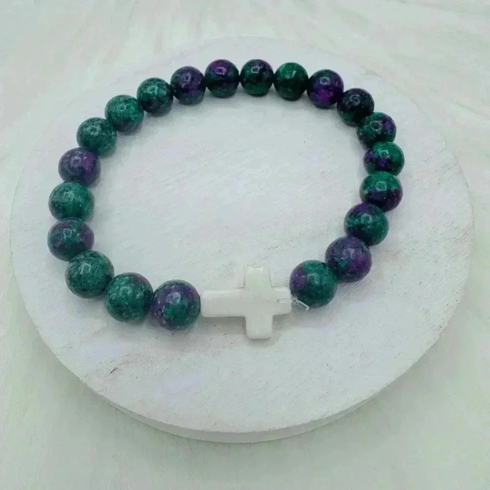 Green w/ hints of purple Cross Beaded Bracelet